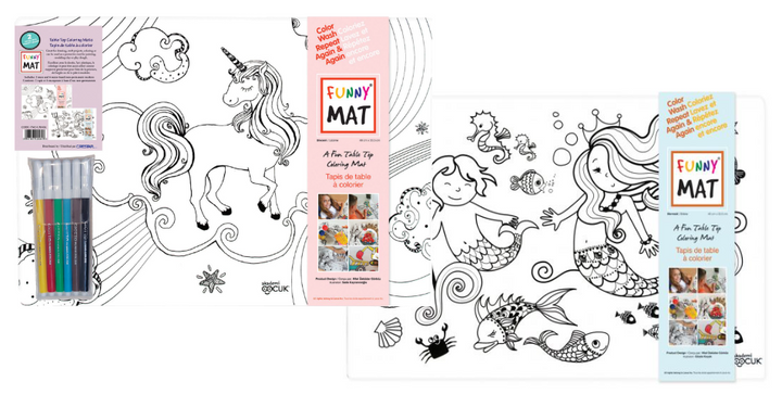 Funny Mat® - Unicorn and Mermaid Table Top Reusable Coloring Mats with Giotto Markers