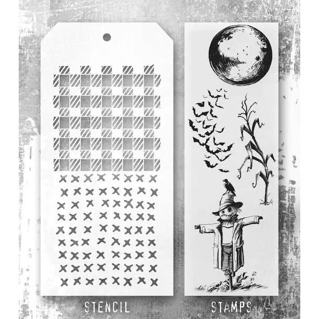 Stampers Anonymous - Tim Holtz - Scarecrow Stamps with Gingham and Stitched Stencil (THMM170)