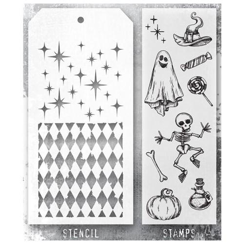 Stampers Anonymous - Tim Holtz - Halloween Doodles Stamps with Harlequin, and Sparkle Stencil (THMM145)